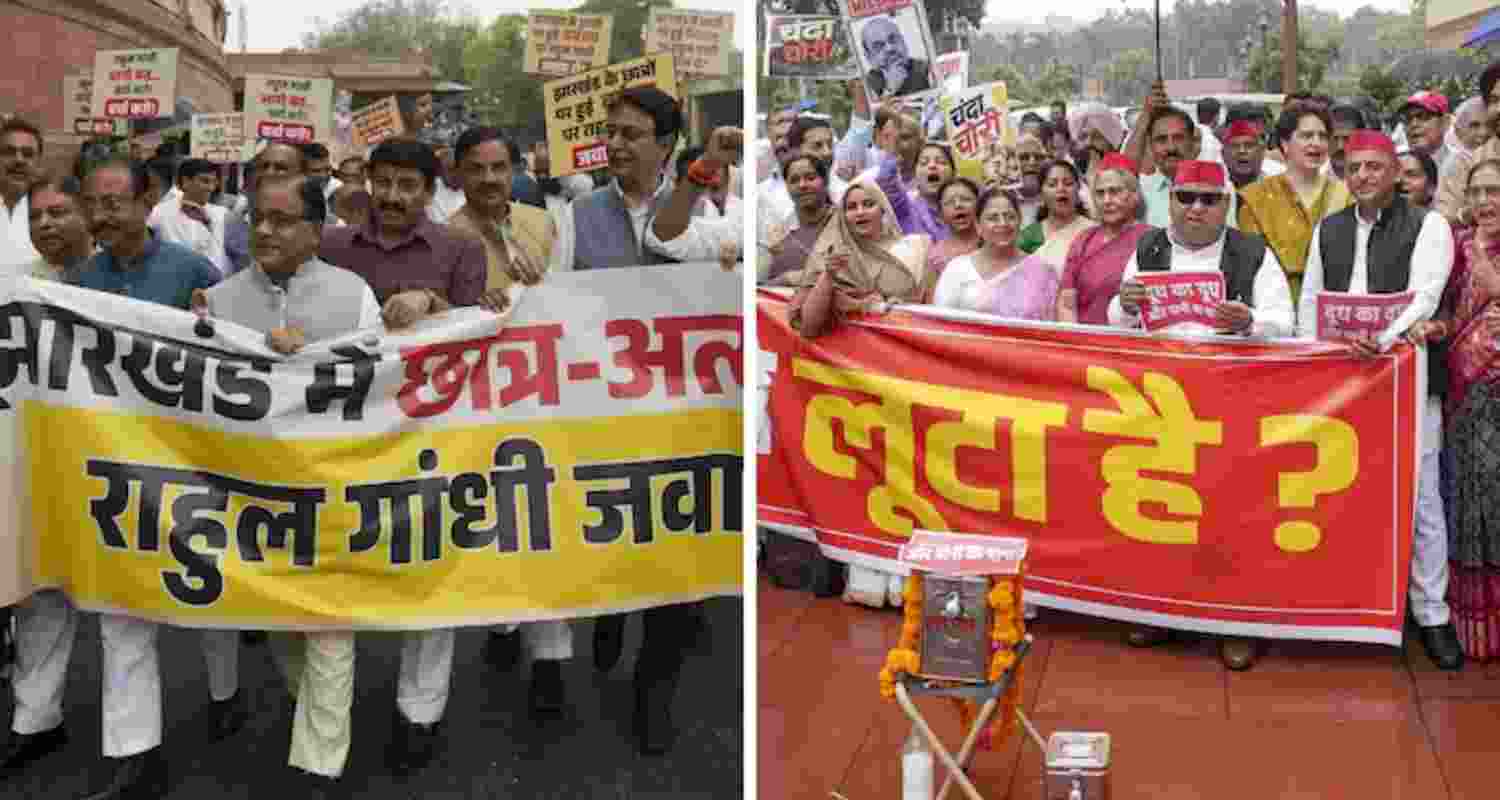 With the two groups standing opposite each other and raising slogans, security personnel formed a cordon between them in the Parliament complex on Tuesday. With the two groups standing opposite each other and raising slogans, security personnel formed a cordon between them in the Parliament complex on Tuesday.